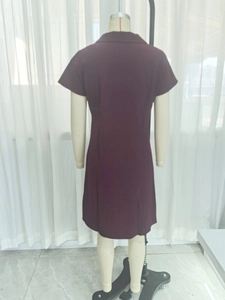 Back view of a burgundy polo collar short sleeve dress showing the tailored waist fit