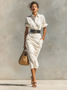 Elegant white button-down shirt dress with black leather belt for a minimalist chic style