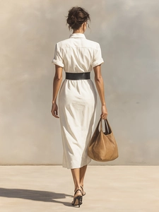 Elegant white short-sleeved waist-tie midi shirt dress with wide black belt for women
