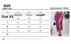 Detaillierte Größentabelle für lila Faltenrock mit hohem Schlitz und Maßen in cm