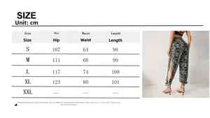 Detailed size chart for floral high waist split trousers with model wearing the printed pants
