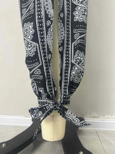 Women's vintage paisley print long pants with waist drawstring and floral patterns