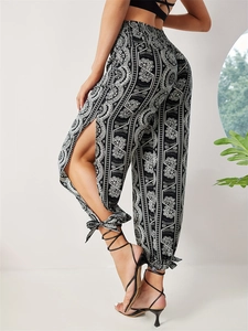 Bohemian High Waist Smocked Paisley Print Pants Side Slit Tie Cuff Flowy Beach Vacation Women Harem Trousers