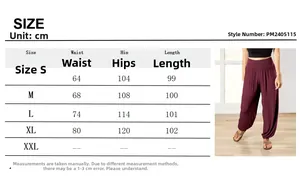 Size chart for women's high-waist yoga pants in burgundy with detailed measurements