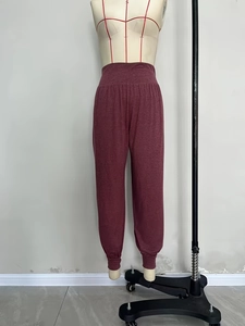 Women's high waist yoga joggers in wine red with ribbed waistband and cuffed ankles