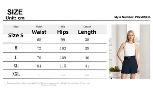 Size chart and measurement details for high-waisted scalloped hem shorts in navy blue