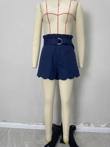 Women high waist paperbag shorts with scalloped hem and metal buckle in navy blue