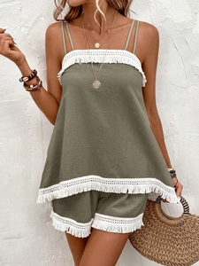 Olive green two-piece bohemian summer set with white tassel trim and camisole shorts