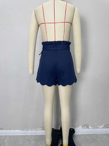 High waist paperbag shorts in navy blue with scalloped edges and metallic buttons