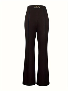 Elegante High-Waist-Hose mit weitem Bein in Dunkelbraun und goldenen Kettenschnallen am Bund