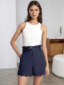 Women High Waist Paperbag Scalloped Hem Shorts With Metal Buckle Belt Rayon Navy Blue Casual Elegant Shorts For Summer