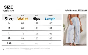 Size chart for high waist wide leg pants with blue floral print and measurements