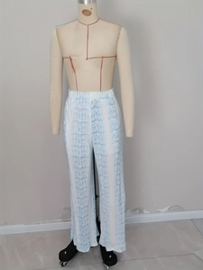 High-waist wide-leg trousers with blue and white pleated texture and elastic waistband