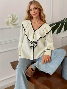 Chemisier à Volants Col en V Style Français pour Femmes Bordure Ondulée Contrastée Haut en Satin Élégant Chemise de Bureau
