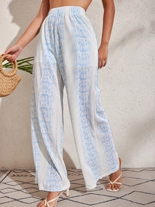 Women High Waist Pleated Wide Leg Pants Blue White Abstract Print Casual Summer Trousers Polyester Viscose Flowy Culottes