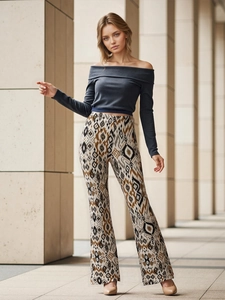Dames Azteeks Patroon Uitlopende Broek Hoge Taille Slim Fit Boho Geometrische Print Split Zoom Gebreide Broek Trendy Etnische Stijl