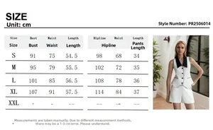 Size chart for women's black and white contrast trim vest and shorts two-piece set