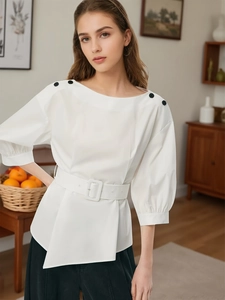 Elegante Camicetta da Donna Scollo a Barca Manica a Lanterna Orlo Asimmetrico Con Cintura Camicia Bianca Chic Pendolare Top Estivo