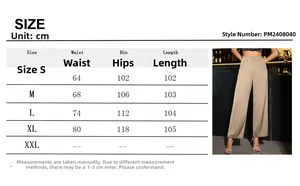 Detailed size chart for elegant high-waisted wide-leg satin trousers in khaki
