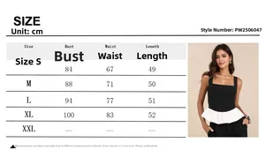 Tabella delle taglie dettagliata per top peplum senza maniche con misure busto e vita