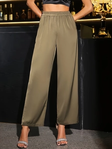 Elegant olive green high-waist satin wide-leg trousers for women with a silky glossy finish