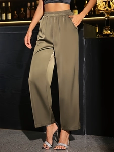 Elegant olive green satin wide-leg trousers with high waist and luxury glossy finish