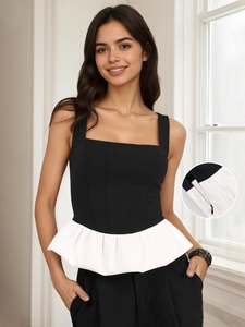 Top a Canotta Peplo da Donna Colore a Contrasto Scollo Quadrato Senza Maniche Retro Smock Sexy Camisole Elegante Top Estivo