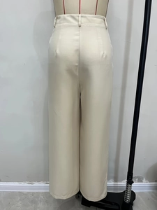 Women's high waist wide leg beige trousers with smooth pleated woven fabric and loose fit