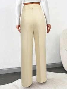 Women's high waist wide leg trousers in beige with tailored back pleats and straight crease