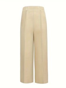 Women high waist beige wide leg trousers in woven fabric with elegant front pleat design