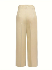 Close-up back view of high waisted wide leg trousers in beige linen blend fabric