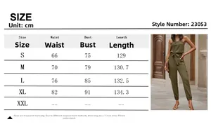 Size chart for strapless cargo jumpsuit with detailed measurements in cm and product view