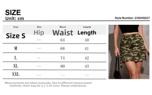 Guide des tailles détaillé pour jupe cargo camouflage femme avec mesures de taille