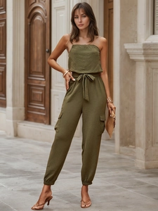 Women Strapless Bandeau Cargo Jumpsuit With Pockets Lace Up Waist Army Green Crinkle Texture Casual One Piece Long Pant