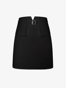 High-waist black A-line mini skirt featuring a unique V-cut waist and silver metal buckle