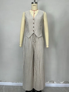 Women's linen-blend pinstripe set with V-neck button vest and wide-leg drawstring pants