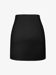 High-waisted black A-line skirt with back hidden zipper and minimalist metal buckle detail