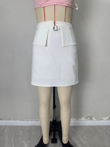 Elegant white high-waisted A-line mini skirt with chic silver metal buckle and pocket details