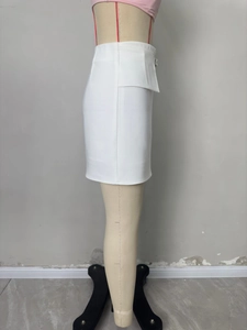 Side view of white high-waist mini skirt with chic buckle and side flap detail