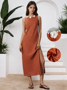 Abito Midi da Donna Senza Maniche Elegante Arancione Rosso Misto Rayon Applicazione Floreale all'Uncinetto Spacco Alto Estate Vacanza