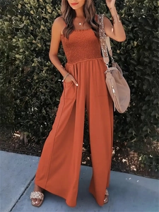 Combinaison Sans Manches Smockée Jambes Larges Bretelles Spaghetti Dos Nu Décontracté Pantalon Long Avec Poches Tenue de Plage