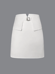 Detail view of high waisted white mini skirt featuring chic metal buckle belt waist design