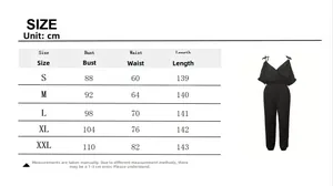 Detailed size chart for black woven cold shoulder jumpsuit with cross neck design