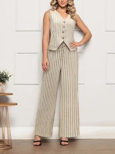 Women Elegant Viscose Linen Striped Vest And Wide Leg Pants Top And Bottom Old Money Style Sleeveless V Neck Waistcoat Outfit
