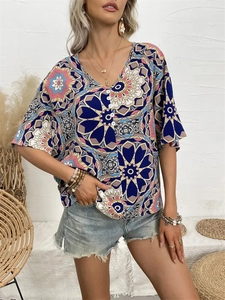 Chemisier Femme Bohème Imprimé Floral Mandala Col en V Manches Courtes Boutonné Coupe Ample Décontracté Haut d'Été pour Vacances