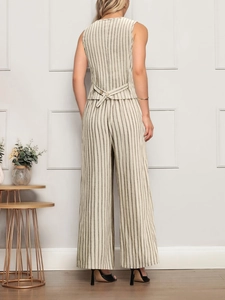 Women's linen-blend striped two-piece set with sleeveless vest and wide-leg pants