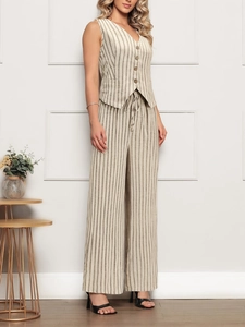 Elegant sleeveless striped vest and wide-leg linen trousers two-piece set for women