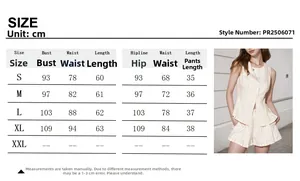Detailed size chart for beige sleeveless button vest and pleated shorts two-piece set