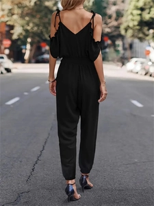 Chic black off-shoulder woven jumpsuit for women with spaghetti straps and backless detail