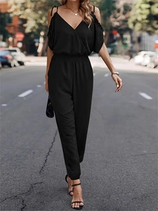 Women's black V-neck cold shoulder jumpsuit with elastic waist and drawstring detail